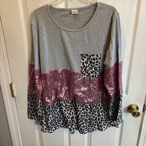Gray and Pink Sequin Leopard Long Sleeve Top